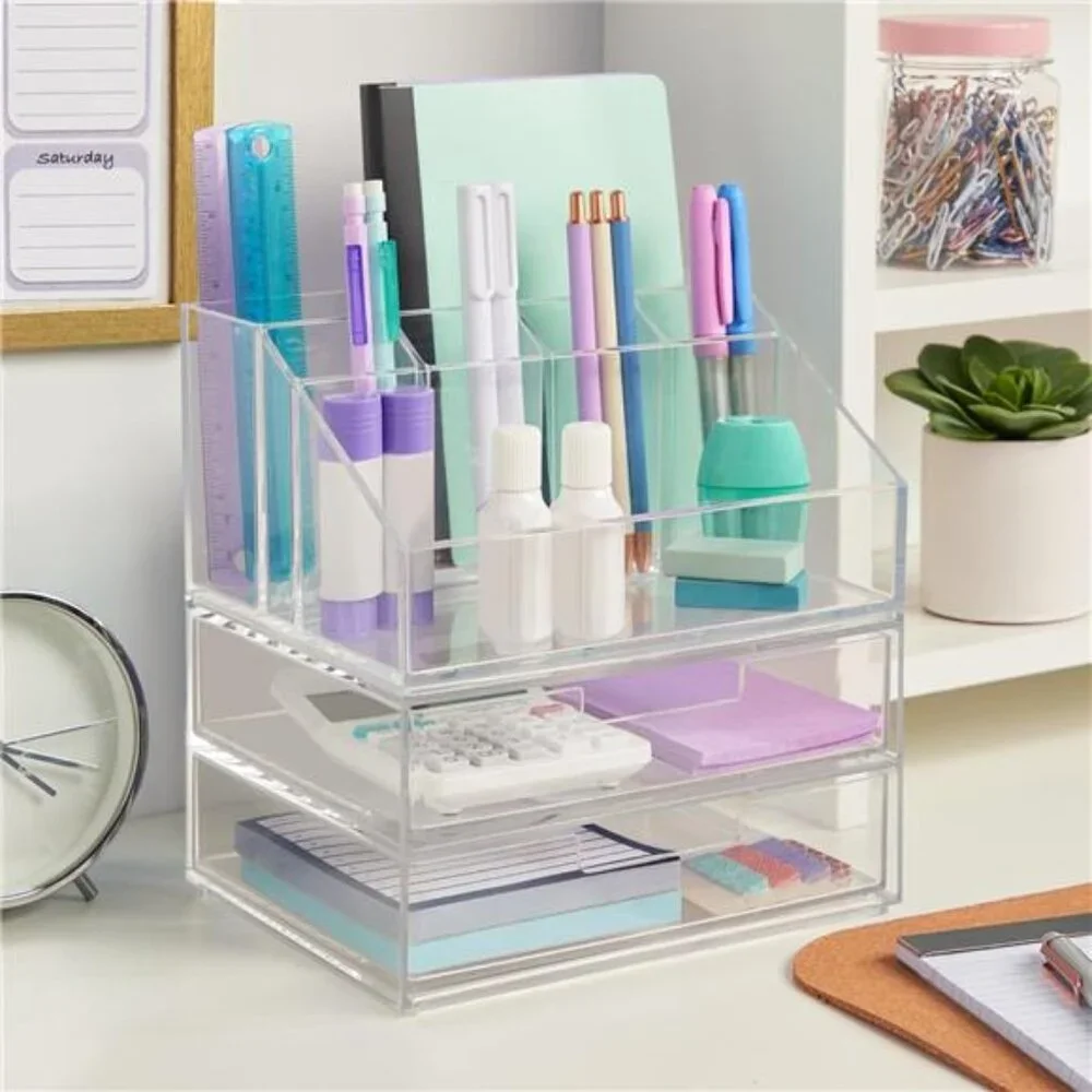Stackable Makeup Holder & Drawer Organizer Set, Clear, BPA-Free Plastic
